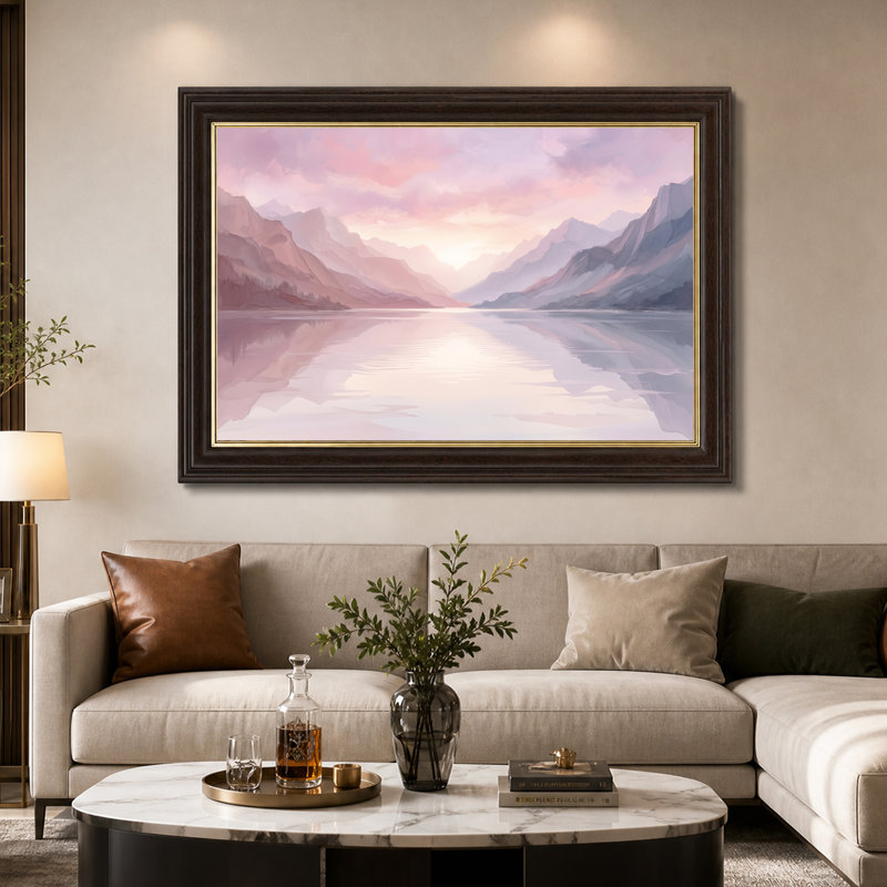 Toile murale représentant une chaîne de montagnes aux tons pastel roses et violets se reflétant sur un lac, H 16 po x l 24 po