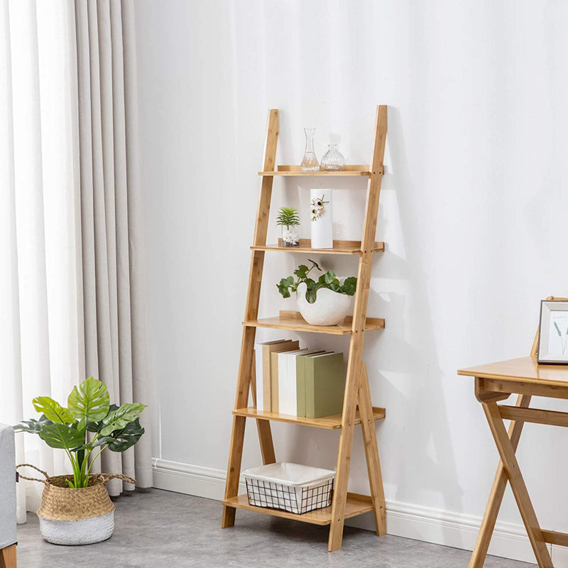 Elberta Bamboo Ladder Bookcases Ladder Bookshelf Storage Rack Flower Plant Stand Shelf Organizer Display Shelf, Light Brown