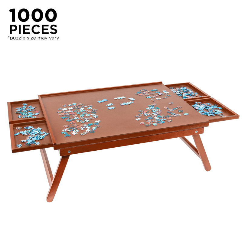 Elegant Wooden Puzzle Organizer Board with Storage and Foldable Legs