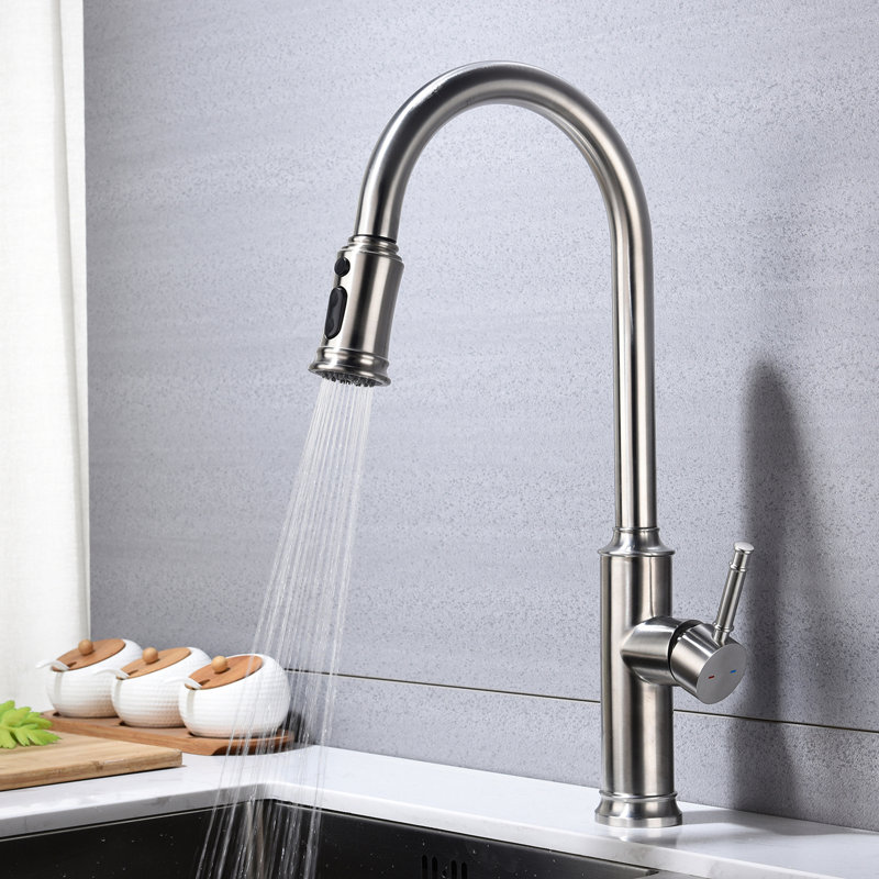 Kitchen Faucet With Pull-Out Spray, Brushed Nickel Plating, Stainless Steel Body, 360 Rotating Nozzle For Convenience, Corrosion And Rust Prevention, Single Handle Adjustment Pullout Craftsmanship,