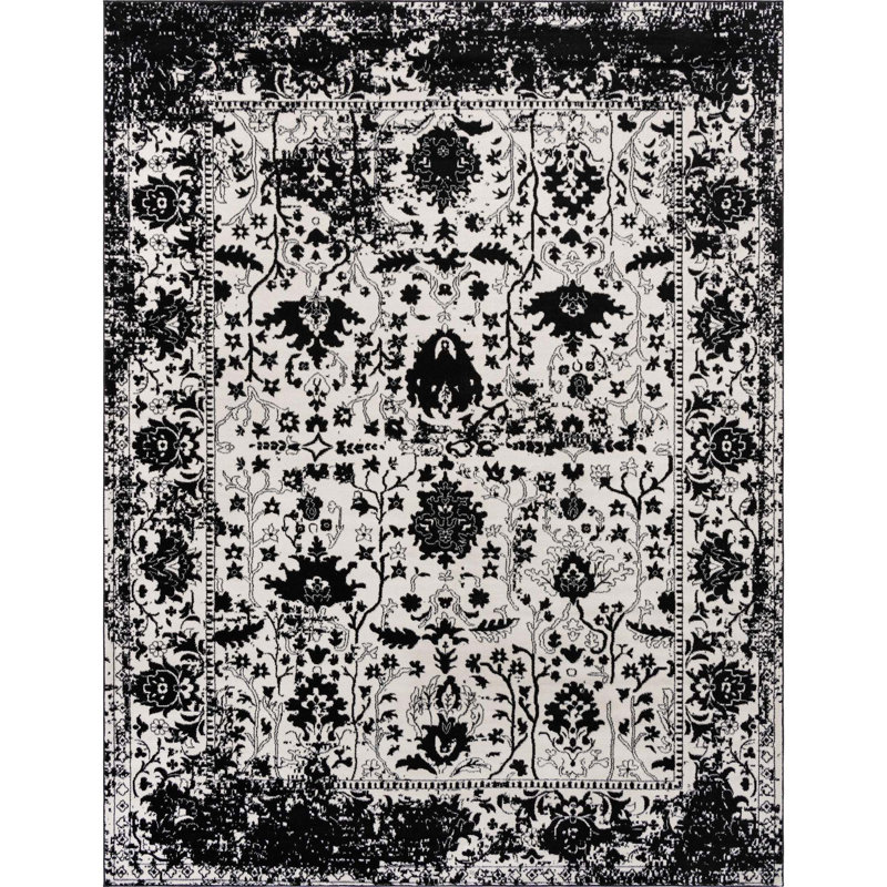Ortilio Oriental White/Black Area Rug, Rectangle 10' x 14'1", Black