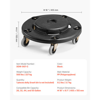 Trash Can Dolly, Compatible with 20, 32, 44, 55 Gallon Containers, Round Trash Can Roller Base with 4 Lockable Wheels, 500lbs Weight Capacity, Heavy-Duty Barrel Dolly