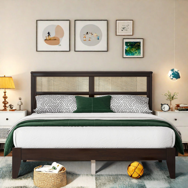 Wooden Platform Bed With Rattan Headboard