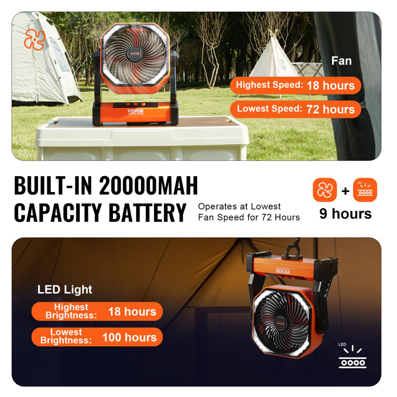 VEVOR 8-Inch Orange Rechargeable Desk Fan with LED Lantern