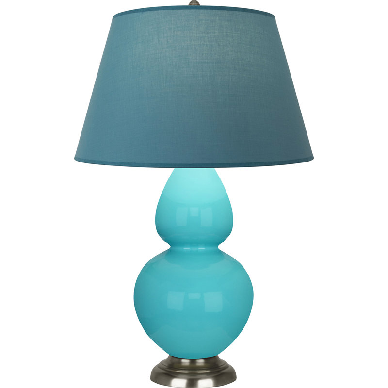 Lampe de table double gourde en céramique, Bleu œuf émaillé / argent antique, Bleu vif / gris, Argent argent