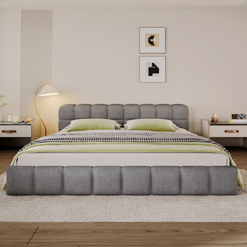 Élégante structure de lit tapissier pour grand lit, cadre de lit grand en terre chenille avec tête de lit, lit plateforme en bois avec cadre solide pour la chambre à coucher, aucun sommier nécessaire, gris (87,4 po x 66,5 po x 25,2 po)