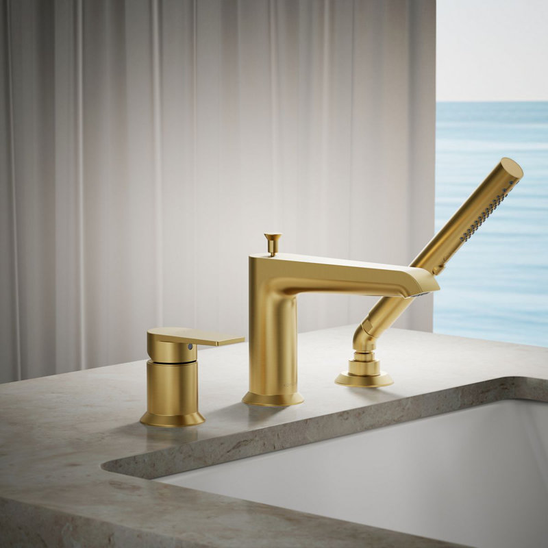 Hint Single-Handle Deck-Mount Bath Faucet With Handshower, Vibrant Brushed Moderne Brass