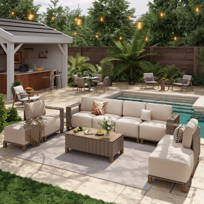 Canapé d'angle modulaire de 9 pièces pour terrasse extérieure avec coussins de 25 cm et résine tressée de première qualité