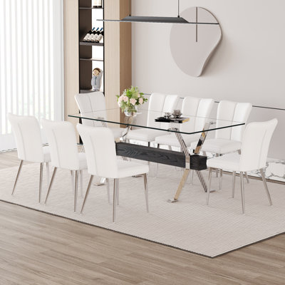 Elegant Transparent Tempered Glass Dining Set - 71''×35.4'' With 6 Black PU Chairs Featuring Vertical Stripe Backrest Design, Ideal For Stylish Home Dining Spaces