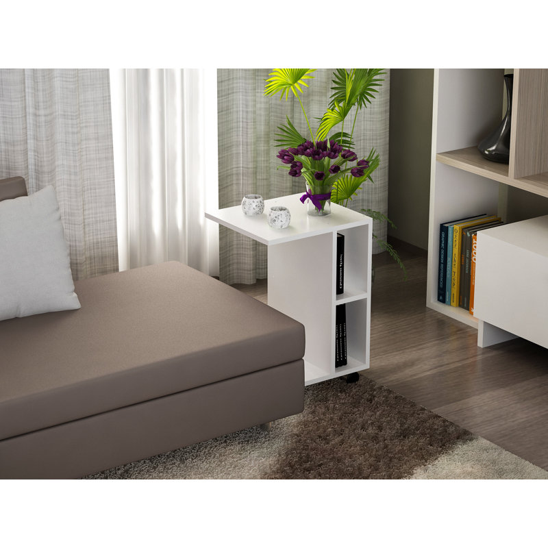 Modern White Side Table with Wheeled Legs, 17.7 x 25.6 x 13.8 inches | 100% Melamine Coated Particle Board, Thickness: 0.7 inches | Multiple Shelves, Wall-Mountable Design | Stylish & Functional for Any Room