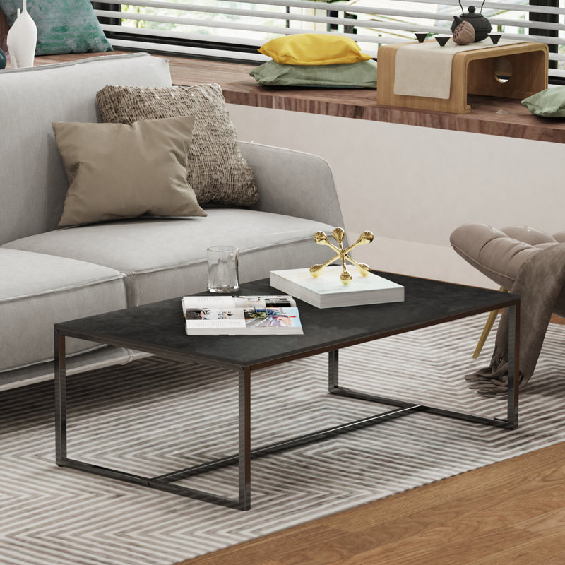 Marble Coffee Table Rectangle Sintered Stone Top Side End Table With Metal Frame, Black