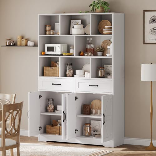 71in Tall Bookcase with 2 Drawers & 4 Doors, 6-Tier 47in Wide Large Modern Bookshelf and Bookcase Storage Cabinet, White