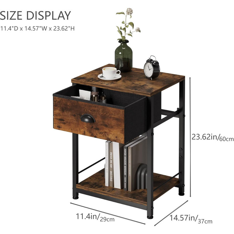 Bedside Table, End Table With Storage, Side Tables Bedroom Living Room Tables, Small Table, Industrial Night Stand With Fabric Drawer, Rustic Brown Nightstand