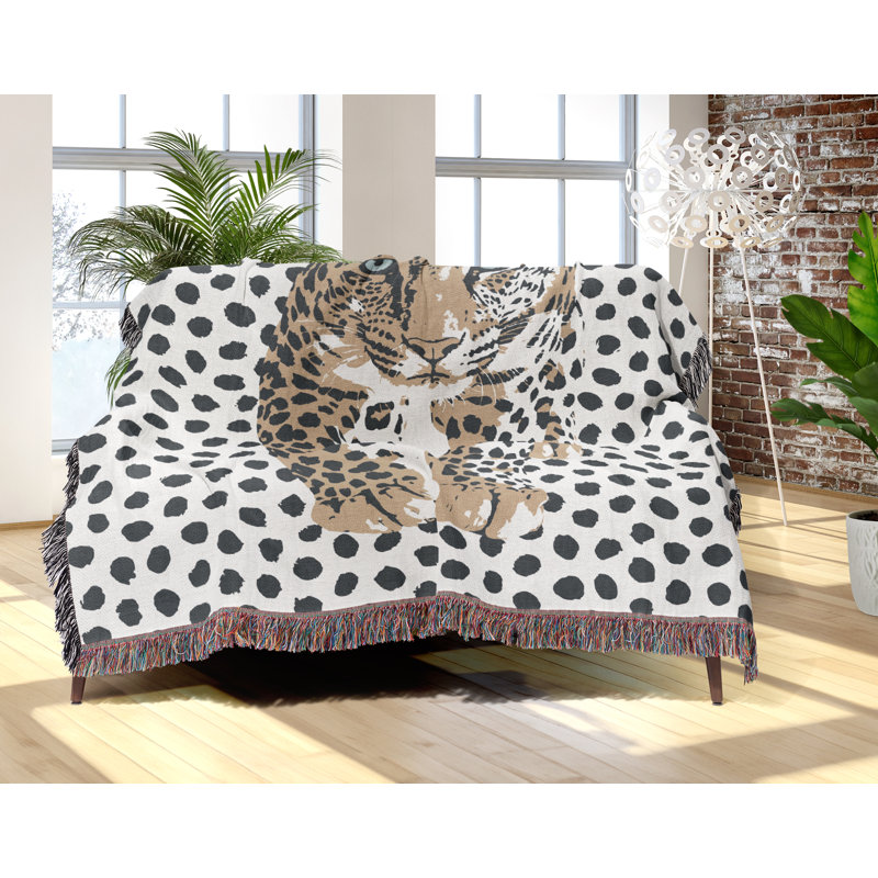 Jeté en mélange de coton Inky Leopard, Beige / gris / blanc cassé, L 60 po x l 50 po