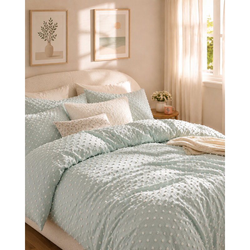 Ensemble de housse de couette brodée à pois Swift Home, Couette très grand + 2 taies décoratives standar, Bleu brumeux