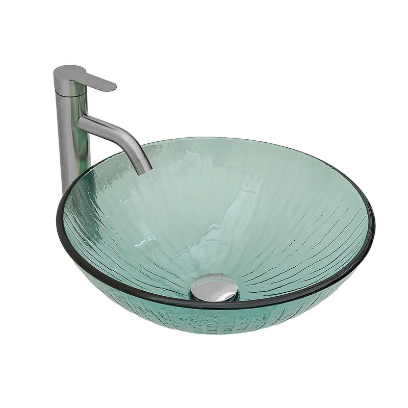 Artistic Vertical-Textured Glass Vessel Bathroom Sink With Pop-Up Drain, Tempered Green Basin With Black Trim Round Bowl (No Faucet)