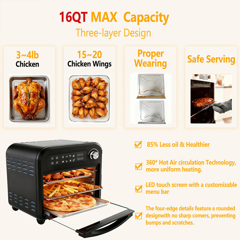Combiné de four à friteuse 16QT, four à convection, préchauffage et cuisson rapides, convient à la pizza de 9 pouces, affichage numérique et contrôle précis de la température, acier inoxydable, facile à nettoyer.