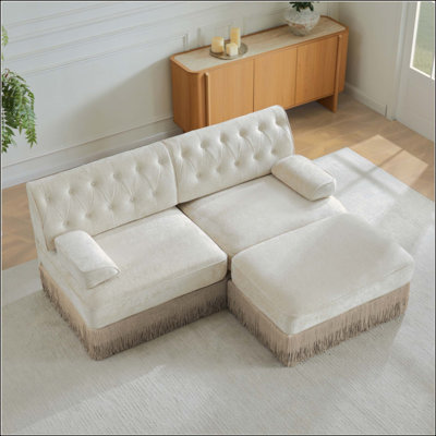 Tissu en velours confortable en L respirant, jupe à pampilles style Chesterfield, combinaison libre, accoudoirs carrés légèrement courbés, base en bois de qualité supérieure, facile à assembler, pour le salon, la chambre à coucher