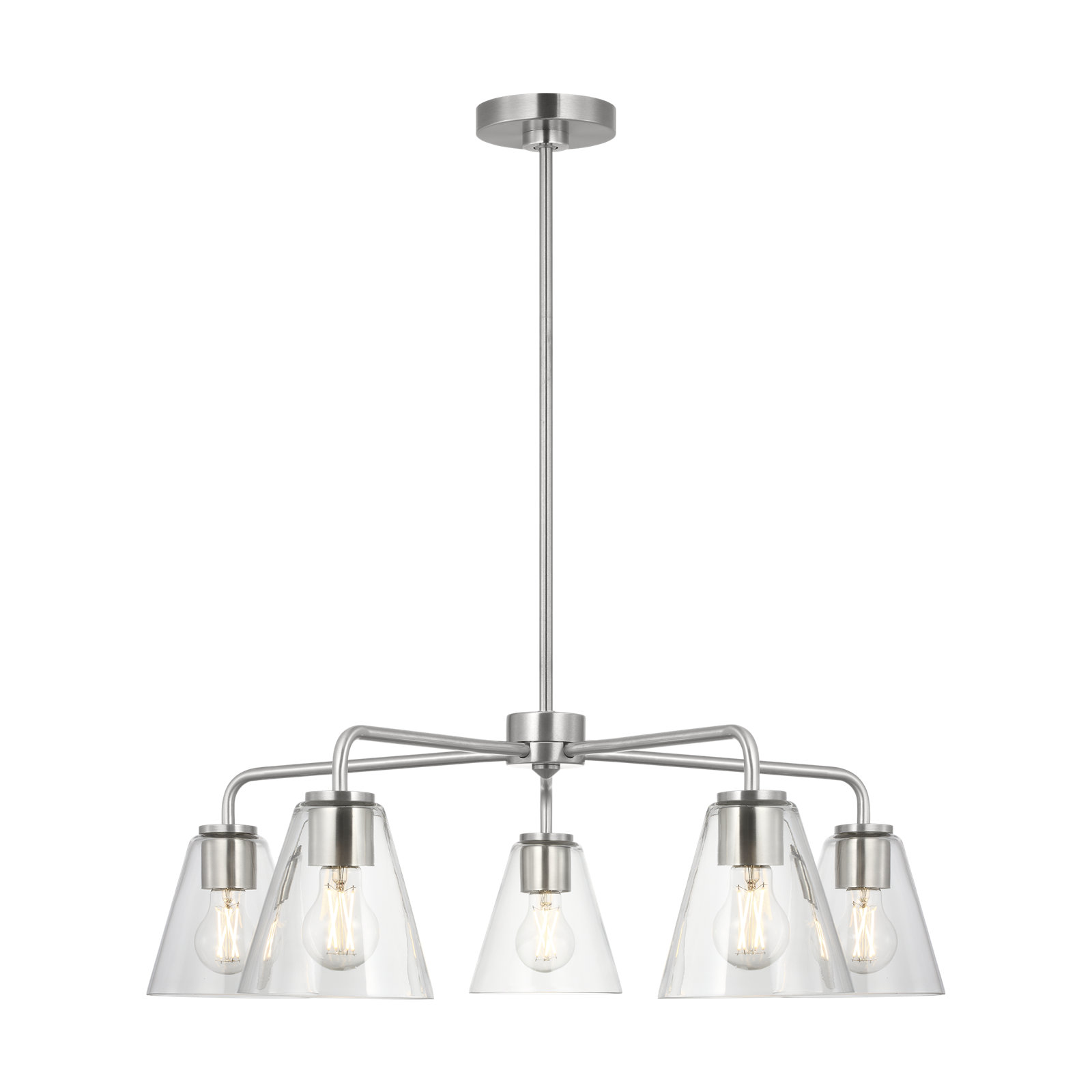 Hayden Five Light Chandelier, Clear, Brushed Nickel