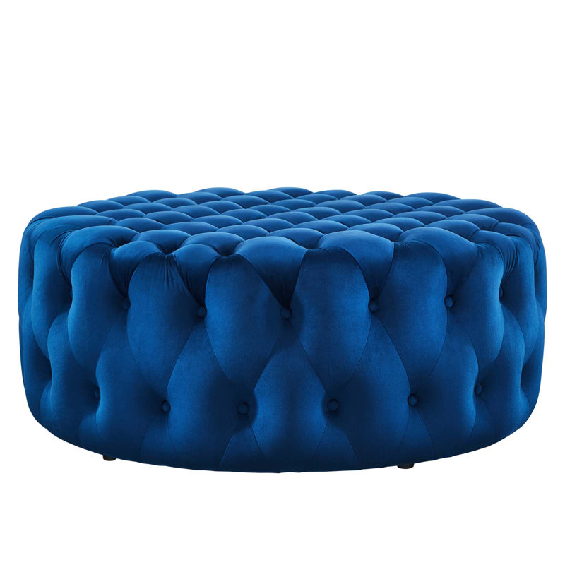 Luxurious Navy Velvet Tufted Large Round Ottoman