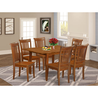 7 Piece Dining Table Set Consist of a Rectangle Dining Room Table with Butterfly Leaf and 6 Wooden Seat Chairs, Saddle Brown