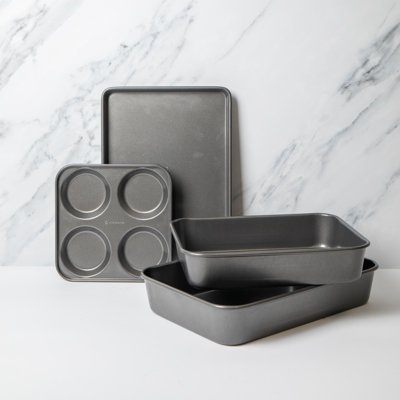 4pc Non-Stick Bakeware Set with 2x Roasting Pans, Baking Tray & 4-Hole Yorkshire Pudding Pan