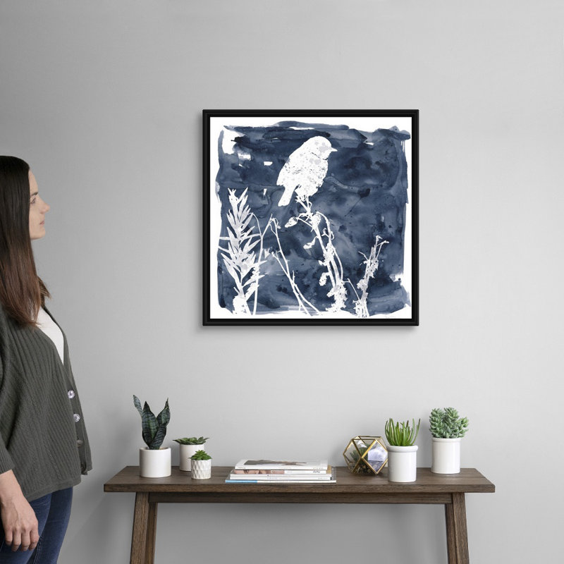 Indigo Bird I - reproduction d'art sur toile, H 25,7 po x l 25,7 po x P 1,75 po, Cadre flottant noir