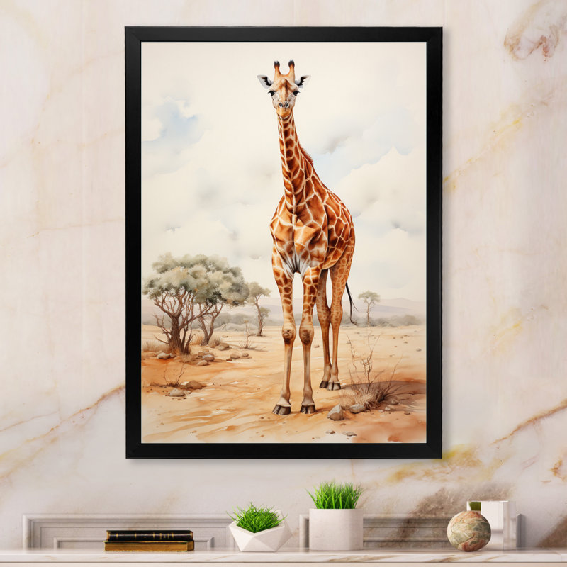 Girafe brune brune et brune sur toile, Cadre simple noir, H 32 po x l 16 po x P 1 po