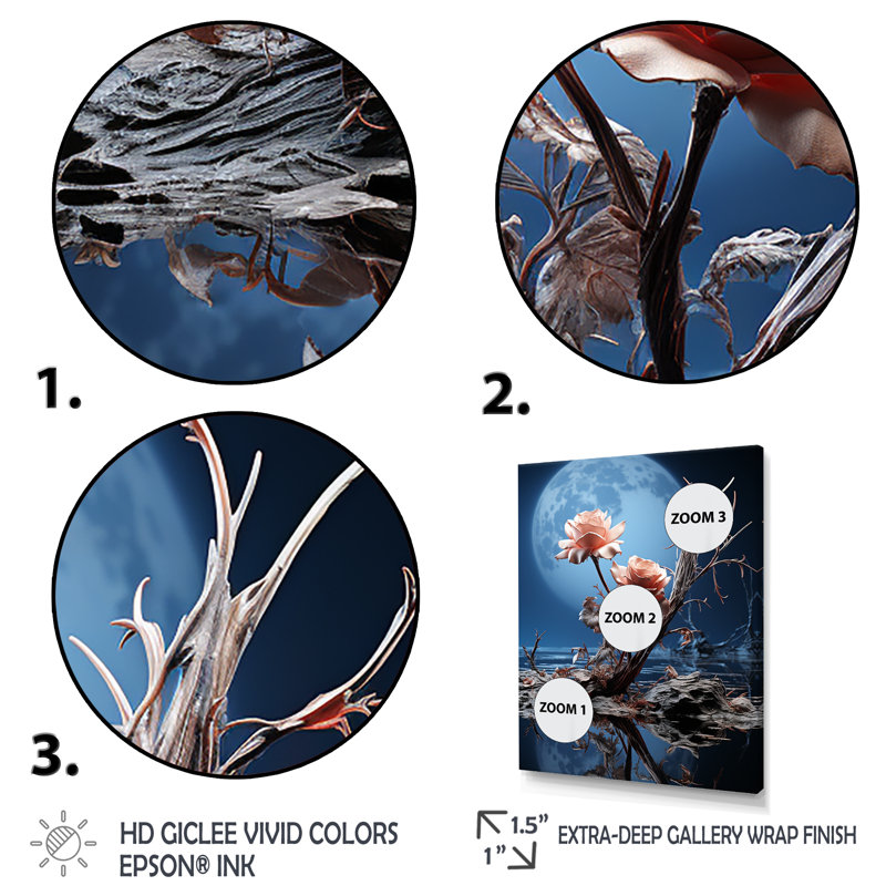 «Moonlit Flower Serenity Blooms II - Rose», art mural, Cadre flottant brun, H 20 po x l 12 po x P 1 po