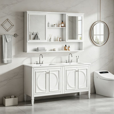 Ensemble de meuble-lavabo à double cuve 60 "avec armoire à pharmacie murale assortie, portes à panneau rond surélevé rétro et pieds fuselés, charnières à fermeture douce, tablettes de rangement réglables