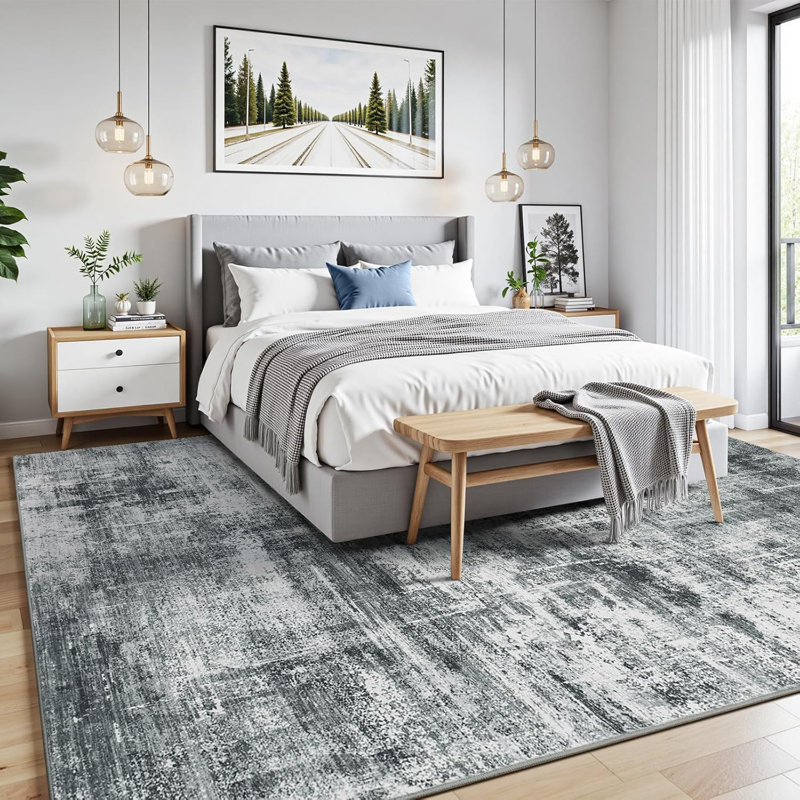 Tapis gris neutre moderne lavable abstrait 5 pi x 7 pi, Rectangle 5 pi x 7 pi