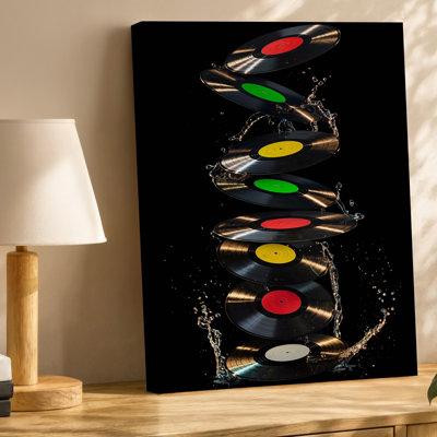 Canvas A Cascading Arrangement Of Vibrant Vinyl Records In Various Colors Wall Art Including Red Green Yellow And Black Suspended Mid Canvas Wall Art