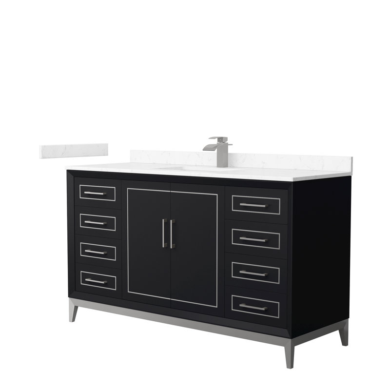 Ensemble de meuble-lavabo simple 60 po Marlena, Noir, Nickel brossé, Marbre de culture de Carrare