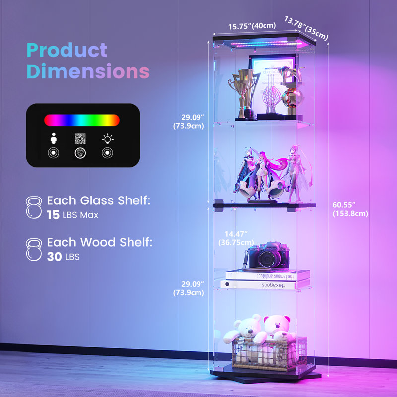 Freestanding Rotating Glass Display Cabinet with Motion Sensor Motion RGB Lights, Black