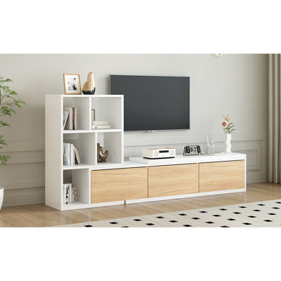 White Extendable Tv Stand With 3 Tier Bookshelves, Adjustable Entertainment Centre Storage For Living Room Furniture Functionality, Shelves, Cabinets Room, 110" Compatible