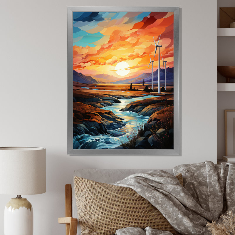 Wind Turbines Sunrise Valley I sur toile, Cadre simple argenté, H 40 po x l 30 po x P 1,5 po