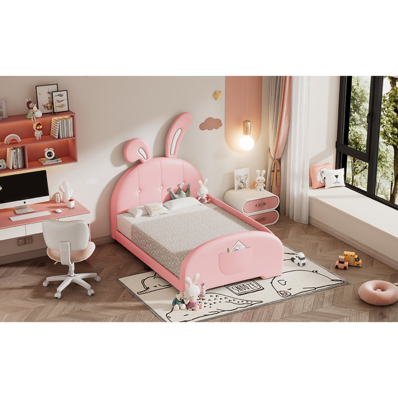 Lit simple tapissier en forme de lapin Princess, lit plateforme simple avec tête et pied de lit, rose (ancien SKU: WF311629AAH)