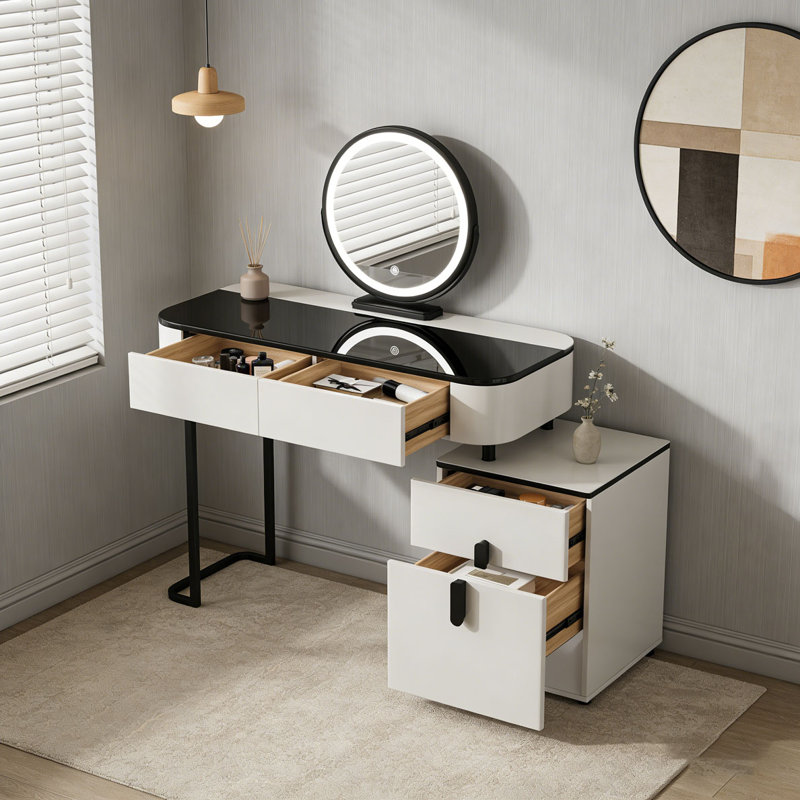 Modern Vanity Table with Tempered Glass Top, Adjustable Height Legs, Multi-functional Storage Cabinet and Round Mirror