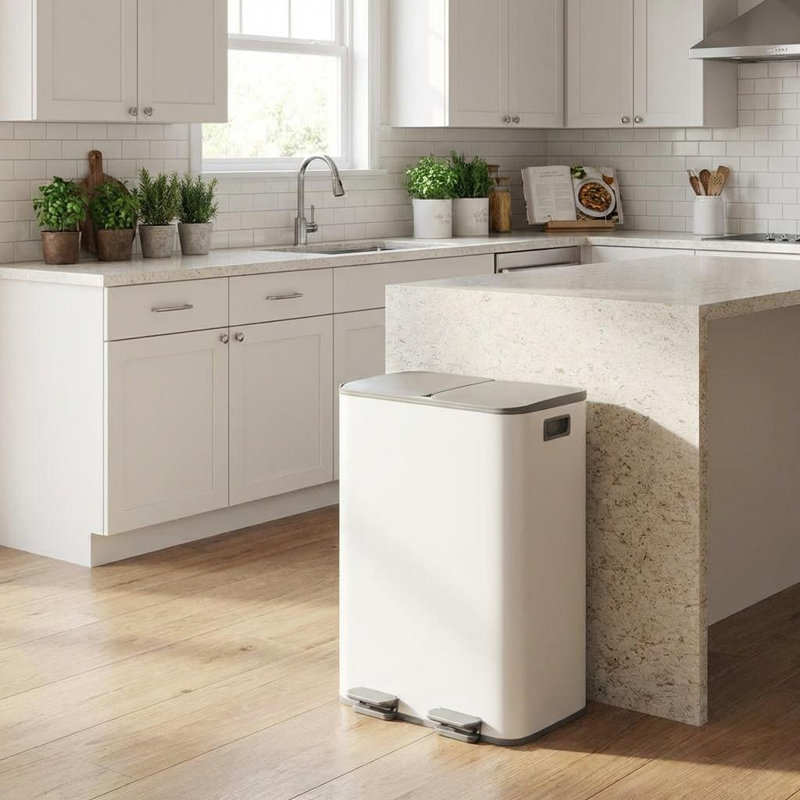 16 gallons Double poubelle à pédale double en acier inoxydable avec couvercles et doublures amovibles, blanc
