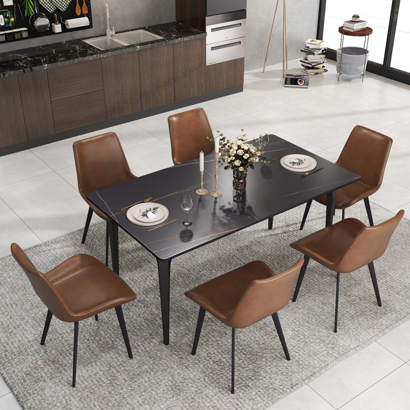 6 Seat Modern Stone Dining Table Set With Faux Leather Side Chairs, 7-piece Dining Set, Brown, Black