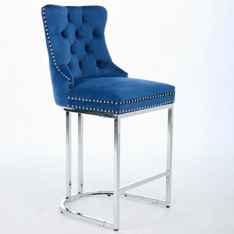 Tabourets de bar en velours avec dossier et garniture de rivets, Bleu