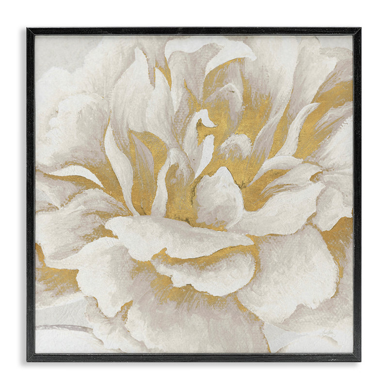 Art doré et giclée encadrée de fleurs dorées et blanches par Elizabeth Medley, H 24 po x l 24 po, Giclée encadrée noir minuit