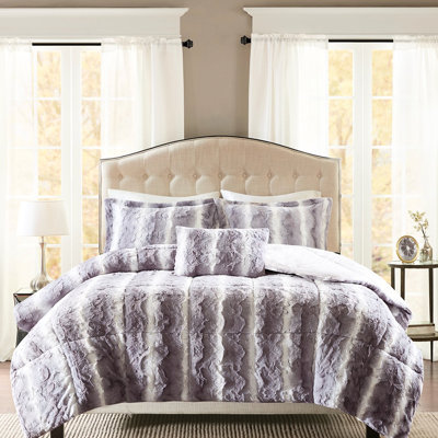 Literie en fausse fourrure grise pour très grand lit, 4 pièces avec édredon, taies décoratives, édredon de taille Dec, coussin de 14 x 20 po