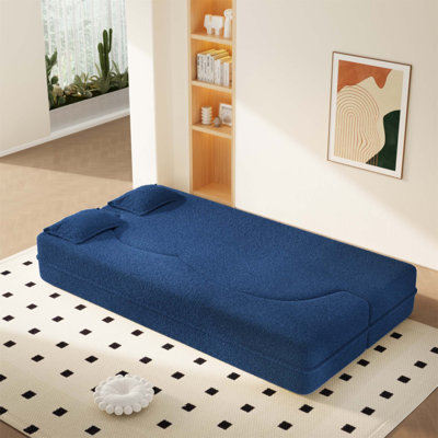 Modern Convertible Sherpa Fleece Sofa Bed with 2 Pillows, Twin Size Folding Mattress for Living Room and Guest Use, No Assembly Required