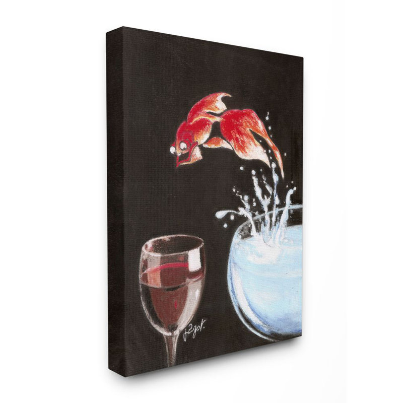 «Fish Leaping in Wine Glass Funny» par Jean-Pierre Got - impression d'art graphique, H 40 po x l 30 po, Toile tendue