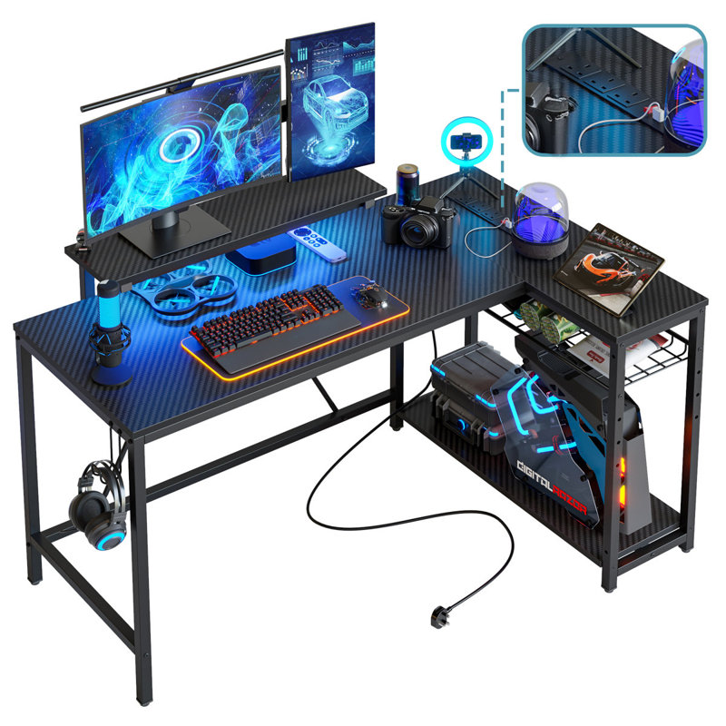 L-shaped Computer Desk with Power Outlet, Gaming Desk with Monitor Stand and Shelves, 91.4cm H x 132cm W x 82cm D