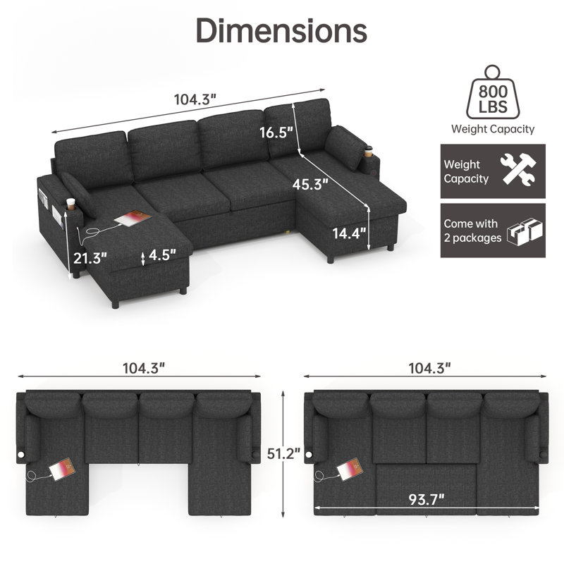2 In 1 Sleeper Sofa Pull-Out Couch With USB Charging, Storage Chaise, Cup Holder For Apartment, Living Room, Grey