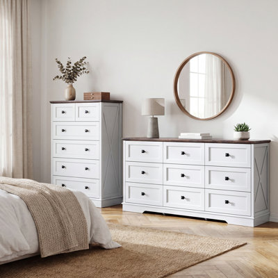 Ensemble de meubles de chambre à coucher 2 pièces avec commode à 6 tiroirs et commode à 9 tiroirs Merrell Farmhouse