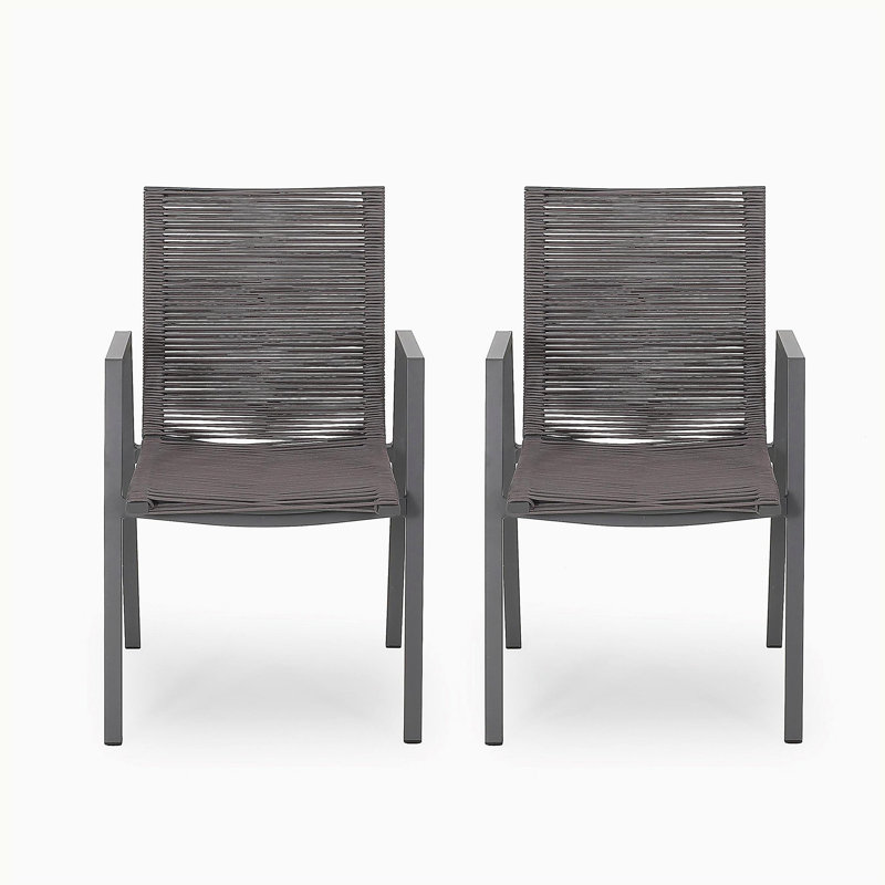 Chaise de salle à manger d'extérieur moderne en aluminium avec siège en corde (ensemble de 2), gris et gris foncé