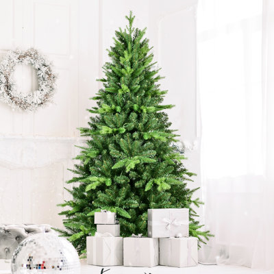 Arbre de 5 pi avec 250 lumières à DEL blanc chaud, 850 pointes de forme réaliste, mélange Pe + pour un aspect naturel et une utilisation à long terme, conception de charnière en métal, décor de Noël réaliste, pleine durabilité